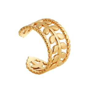 18K gold plated hollow leaf open ring in titanium steel with an adjustable minimalist band