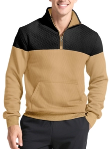 Detail of men's polo shirt with quarter-zip, color blocking and quilted diamond texture