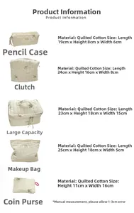 Quilted cotton bunny embroidery storage bags in five sizes showing various dimensions