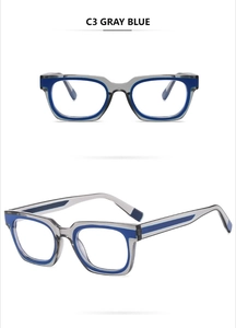 Detailed views of grey blue two-tone frames showing front and side profile of the eyewear