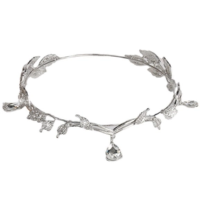 Elegant silver leaf headband with sparkling rhinestones and a teardrop crystal pendant