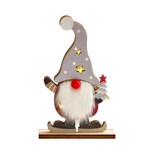Lighted wooden Christmas gnome decoration with LED lights and plush white beard