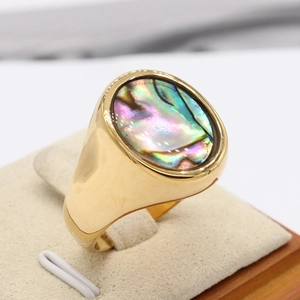 Polished gold titanium steel ring featuring a large oval rainbow abalone shell inlay