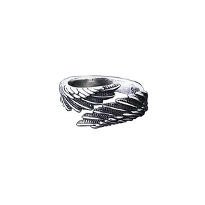 Vintage silver angel wing open ring in 925 sterling silver with detailed feather texture