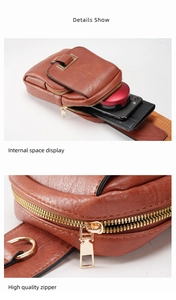 Detail view of the brown PU leather backpack showing internal space and high quality zipper