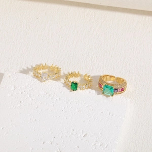 Three-piece geometric ring set in 14K gold plating with colorful zircon gemstones