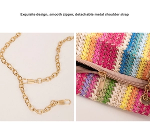 Detail of colorful woven straw bag featuring gold chain strap and smooth metal zipper