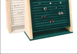 Detail view of multi-slot velvet jewelry display trays with wood frame for rings