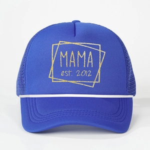 Royal blue trucker hat featuring MAMA est. 2012 gold glitter print and white rope detail