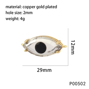 Detailed size chart of gold plated copper Evil Eye charm with 2mm hole and 29mm length