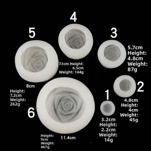 Detailed size guide for 6-piece 3D rose silicone molds showing height and diameter