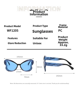 Detailed size specifications for butterfly shape sunglasses including lens width and frame dimensions