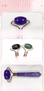 Detailliertes Set aus drei Harz-Bernstein-Gesichtsrollern in Lila Schwarz und Grün mit Roségold
