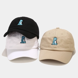 Cartoon dinosaur embroidery cotton baseball cap for kids in black white and khaki colors