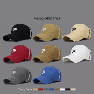 Distressed cotton baseball cap with P embroidery in eight versatile colors