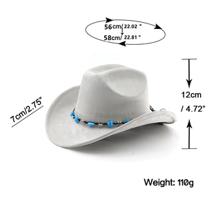 Light gray suede cowboy hat details with 7cm brim, 12cm height, and beaded band