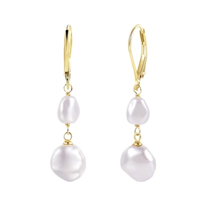 Golden hook earrings featuring dual tiered natural white freshwater baroque pearls