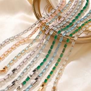 Women's Colorful Glazed Bracelet Rectangular Glass Gemstone Gold Silver Plated Alloy Chain Link Bracelet Fashion Jewelry