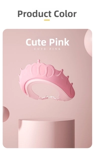 Detail of cute pink crown baby shower cap with adjustable strap and 3D design