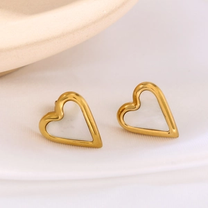 Elegant 18k gold plated stainless steel heart stud earrings with white shell inlay