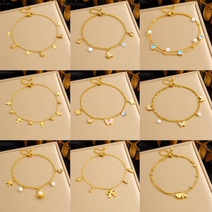 Gold Plated Stainless Steel Anklets For Women Beach Summer Butterfly Heart Starfish Artificial Pearl Zircon Pendants Foot Jewelry