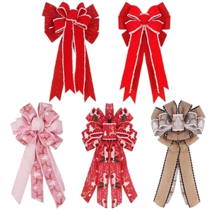 5-piece set of festive Christmas tree bows in red velvet and burlap with reindeer patterns