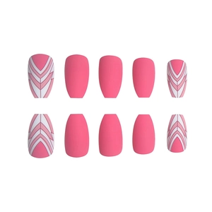 Pink matte press-on nails with white geometric V-patterns, short ballet shape, 10-piece set