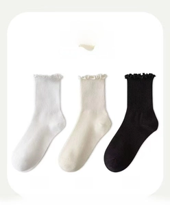 Detailansicht der Rüschensocken in Weiß, Creme und Schwarz aus geripptem Baumwollstrick