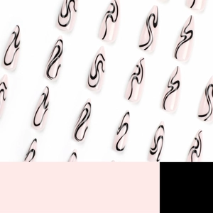 Long stiletto press-on nails with nude pink base and black abstract snake line design