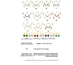 Detail view of colorful square-cut glass stone jewelry sets with stainless steel frames