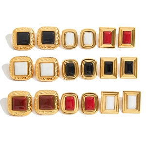 Retro 9er-Set geometrische Edelstahl-Ohrstecker mit Emaille-Einlagen für Damen