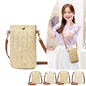 Women Straw Woven Phone Crossbody Bag Summer Beach Small Shoulder Pouch With PU Leather Strap Vertical Purse