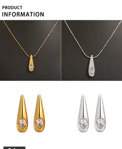 Detailansicht von Tropfenhalskette und Zirkon-Ohrring-Set in Gold- und Silberoptik