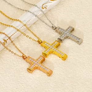 Cross Necklace Stainless Steel 18K Gold Plated Zircon Inlaid Pendant Vintage Hip Hop Jewelry For Couples