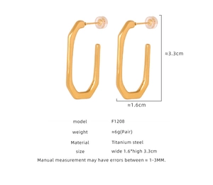 Detail showing irregular hexagonal 18K gold plated titanium steel hoop earring specifications