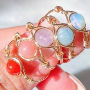 Handmade wire wrapped copper rings set with colorful gemstone beads for women