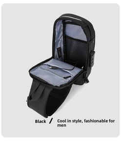 Detail view of the black chest bag with internal compartments and a USB charging port