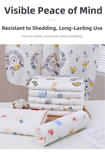 Close-up of cotton baby swaddle blankets featuring lion and crown prints in soft stacks