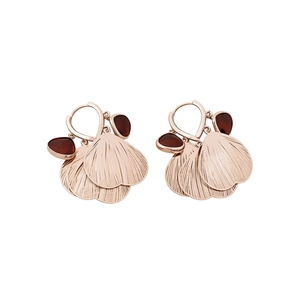 Elegant rose gold petal tassel earrings with deep red stones on a clean white background