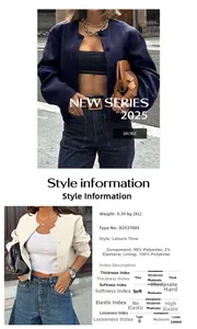 Detail view showing casual long sleeve vest jacket material specifications and sizing chart