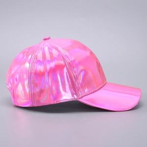 Detailed view of pink holographic laser PU leather baseball cap with glossy rainbow reflection