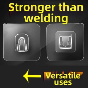 Detail showing self-adhesive U-shaped hook and slot bracket with clear strong backing