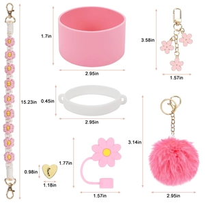 Detailed size guide for pink and white floral accessories set for tumbler cups