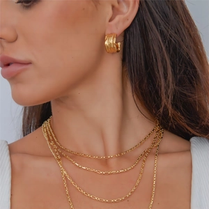 Irregular lava fold gold plated stainless steel layered necklace and hoop earrings set