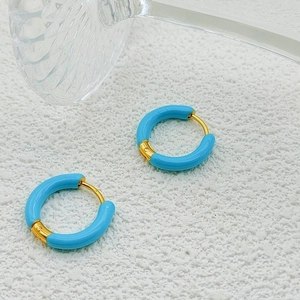 Sky blue enamel and gold-plated titanium steel hoop earrings with round tubular design