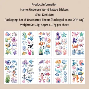 Set of 10 ocean theme temporary tattoos with cartoon sea creatures for kids party