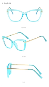 Front and side views of blue cat-eye frame glasses with golden metal temples