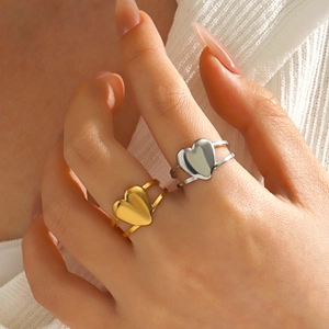 Bague Coeur En Acier Inoxydable Plaquée Or 18 Carats Double Rangée Ouverte Ajustable Bijoux Minimalistes Pour Femmes