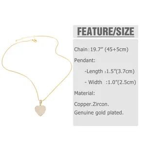 Detailed size chart for heart pendant necklace with dimensions in inches and centimeters