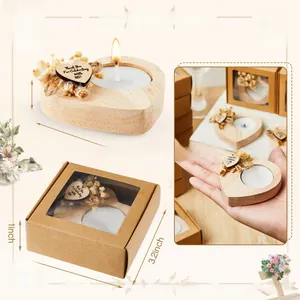 Detail view of 100pcs wooden heart candle holders with dried flowers and dimensions